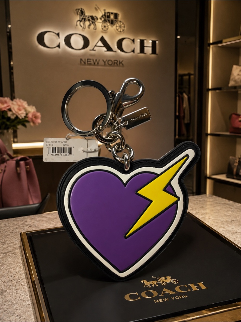 Coach Purple Heart Keychain with Yellow Lightning Bolt